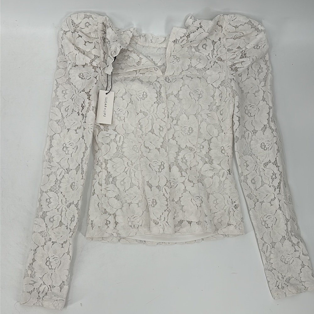 Sugar + Lips top size XS NWT white lace puff sleeve - Picture 5 of 5